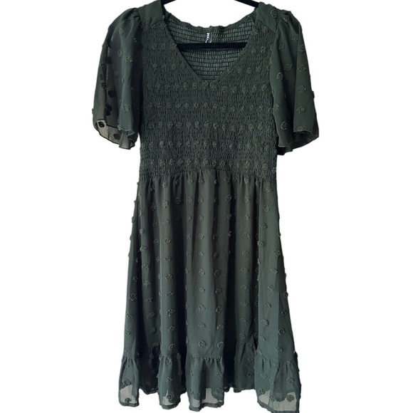 BTFBM Dark Green Mini Boho Smocked Floral Swiss Dot Short Sleeve Dress - Picture 1 of 6